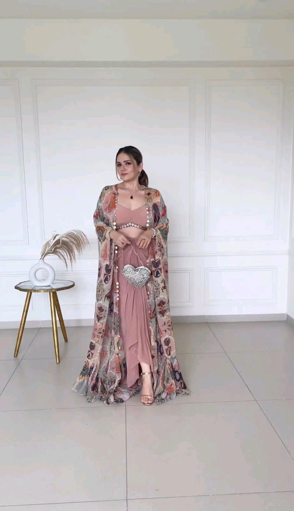 Crop Top With Blouse and Shrug Set - Free Size Upto 42inch