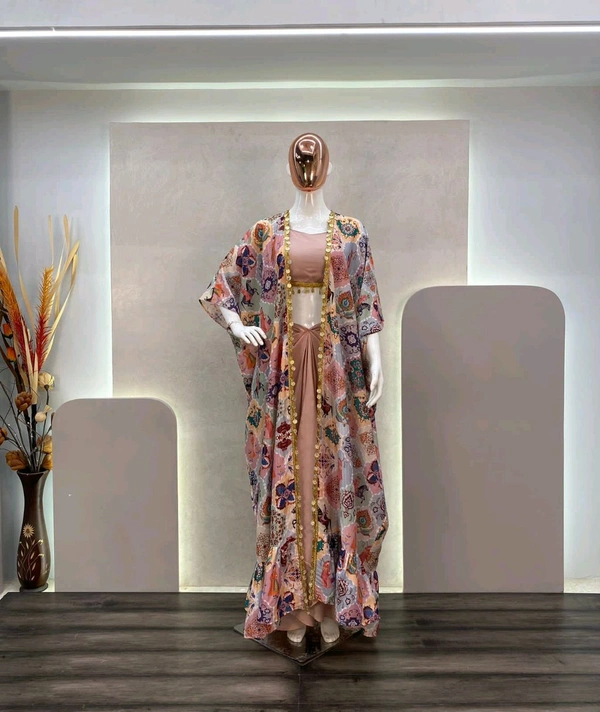 Crop Top With Blouse and Shrug Set - Free Size Upto 42inch