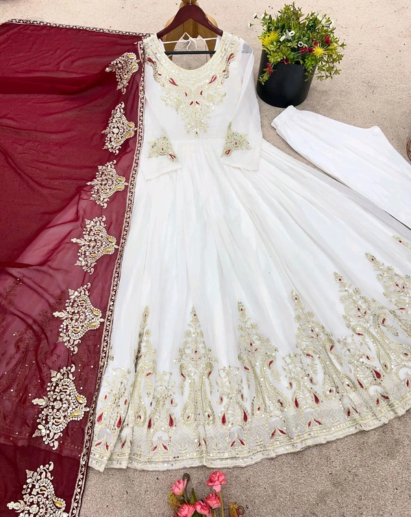Designer Embroidery Work Anarkali Suit - White, L
