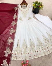 Designer Embroidery Work Anarkali Suit - White, XXL