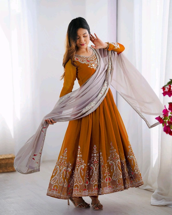 Designer Embroidery Work Anarkali Suit - Tangerine, L