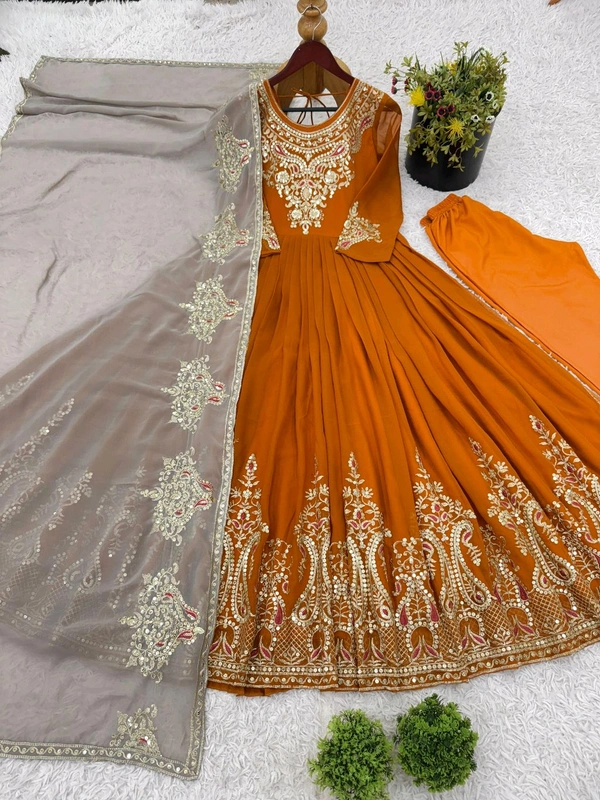 Designer Embroidery Work Anarkali Suit - Tangerine, XXL