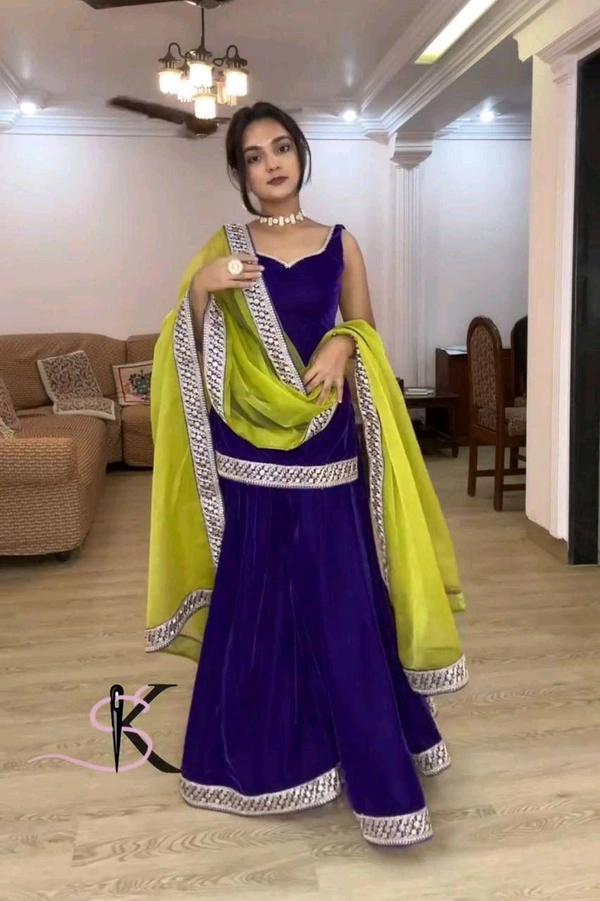 Partywear Sleeveless Velvet Sharara Suit - L