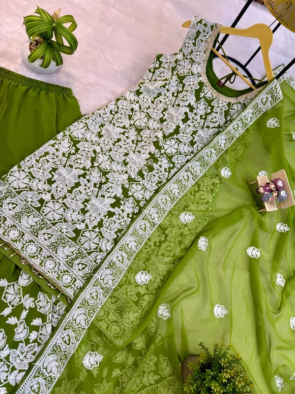 Beautiful Floral Embroidery Work Sharara Suit - M, Green