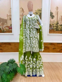 Beautiful Floral Embroidery Work Sharara Suit - L, Green