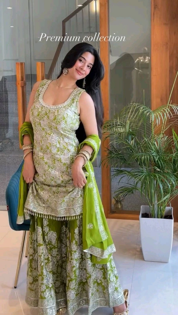 Beautiful Floral Embroidery Work Sharara Suit - XL, Green