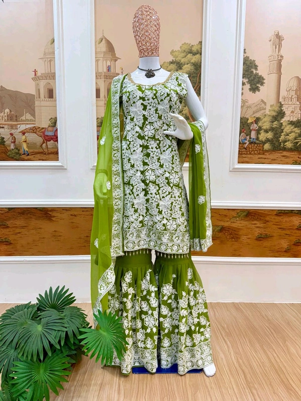 Beautiful Floral Embroidery Work Sharara Suit - XL, Green