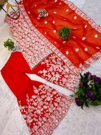 Beautiful Floral Embroidery Work Sharara Suit - L, Orange