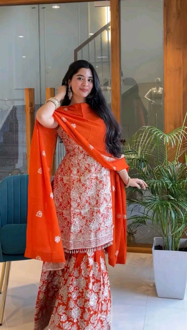 Beautiful Floral Embroidery Work Sharara Suit - XL, Orange