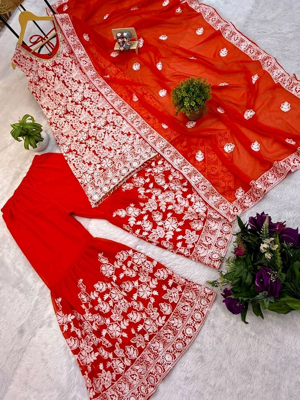 Beautiful Floral Embroidery Work Sharara Suit - XL, Orange