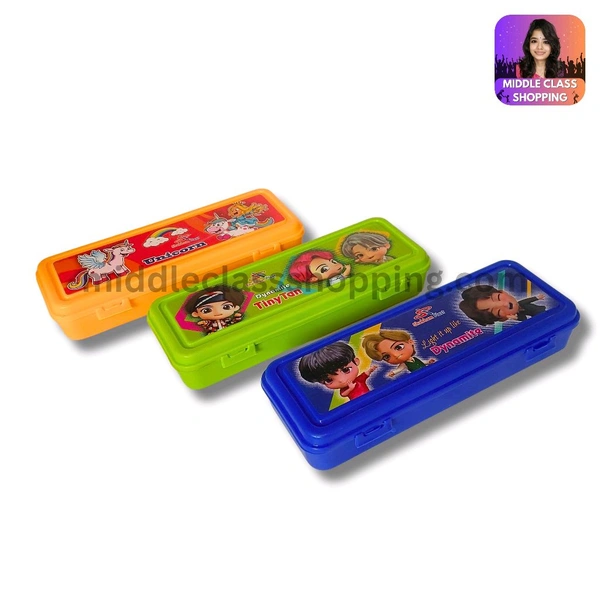 Premium Look Cartoon Printed Double Divisioned Storage Pencil Box With Free Sharpner And Eraser (21.2×7.7cms) MC330