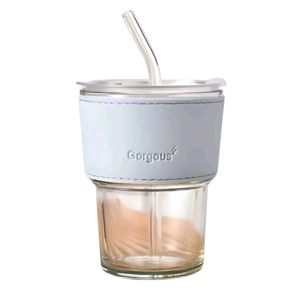 Trending Cute Luxury Transparent Glass Juice Or Coffee Cup With Straw And Leather Finish Holding Grip Support MC680