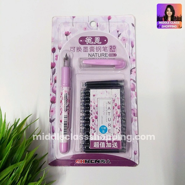 High Quality Cute Students Favourite Purple Flower Printed Fountain Pen With 20 Long Life Catridges MC797