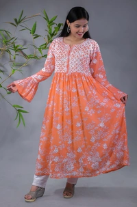 Light Orange Chikankari Mulprint Frock - Light Orange, L(40)
