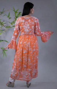 Light Orange Chikankari Mulprint Frock - Light Orange, L(40)