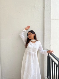 White Chikankari Mulmul Three Layer Frock - White, XL(42)