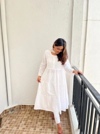 White Chikankari Mulmul Three Layer Frock - White, XL(42)