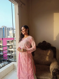 Baby Pink Neck Work Chikankari Straight Long Kurti - Baby Pink, L(40)