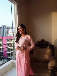 Baby Pink Neck Work Chikankari Straight Long Kurti - Baby Pink, L(40)