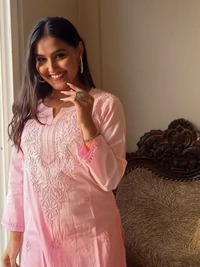 Baby Pink Neck Work Chikankari Straight Long Kurti - Baby Pink, L(40)