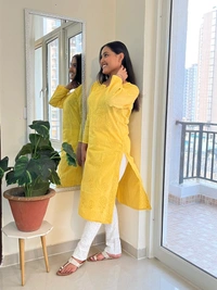Yellow Chikankari Rose Design Straight Long Kurti - Yellow, M(38)