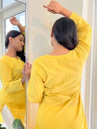 Yellow Chikankari Rose Design Straight Long Kurti - Yellow, M(38)