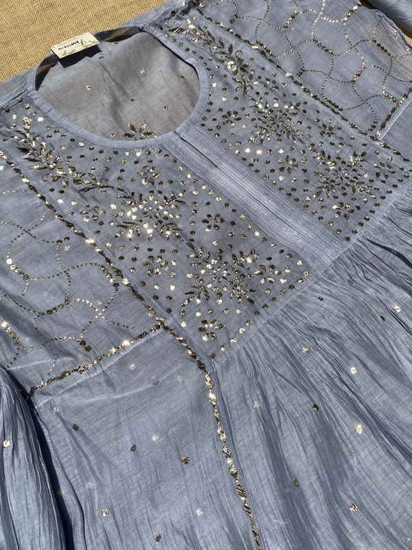 Roohani – Grey Handcrafted Mukaish Gown Set - Semi Stiched - Semi Stiched, Gray