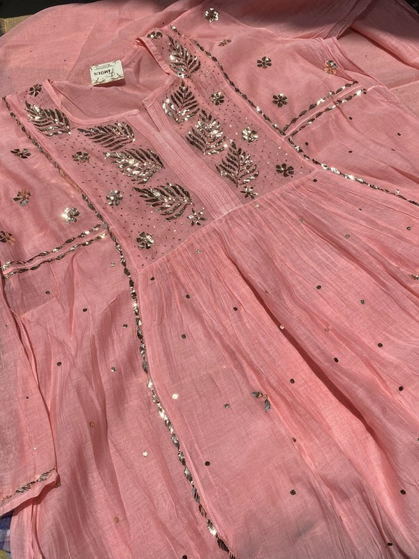 Roohani – Peach Handcrafted Mukaish Gown Set - Semi Stiched - Semi Stiched, Peach