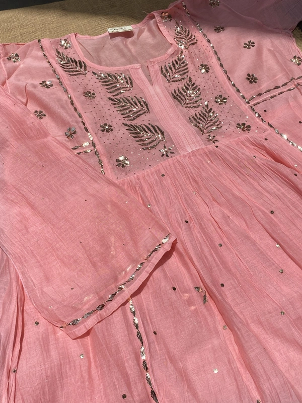 Roohani – Peach Handcrafted Mukaish Gown Set - Semi Stiched - Semi Stiched, Peach