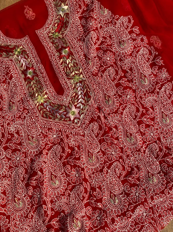 Beautiful Red Chikankari Unstiched Dress - Unstiched