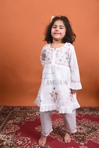 Kids White Chikankari Multy Embroidered Mulmul Sets - White, 16