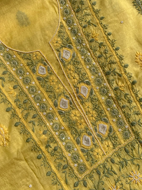 Lemon Yellow Chikankari Mulchanderi Unstiched Dress Material - Lemon Yellow, Unstiched