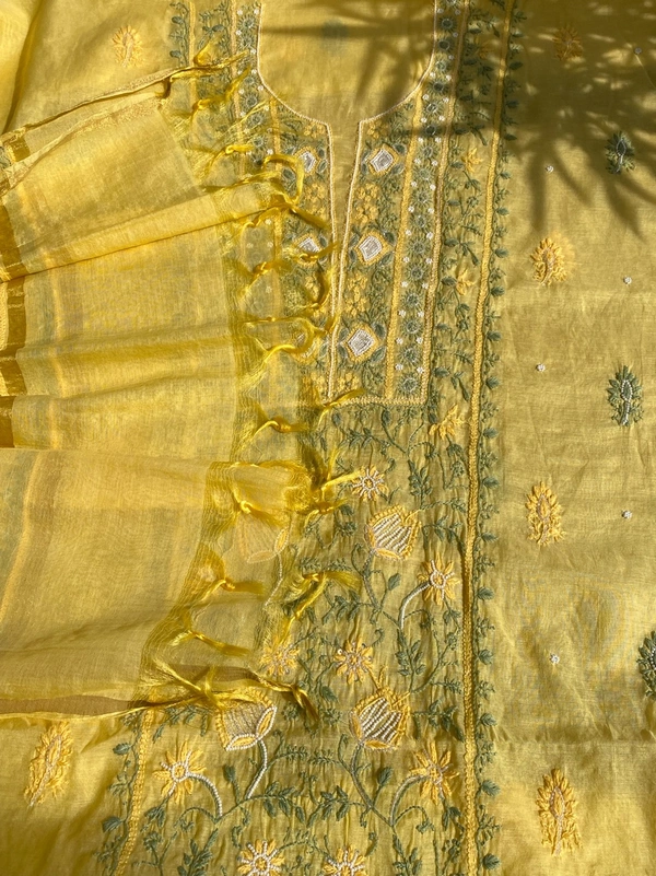 Lemon Yellow Chikankari Mulchanderi Unstiched Dress Material - Lemon Yellow, Unstiched