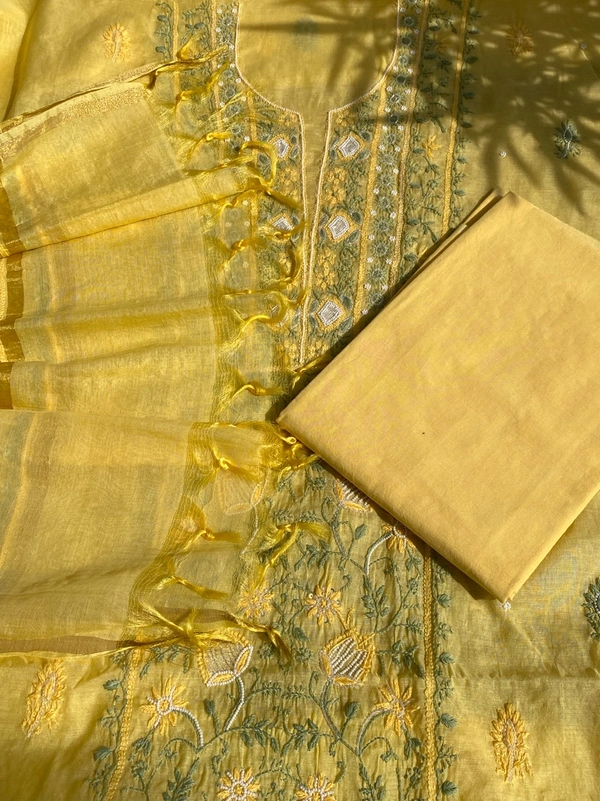 Lemon Yellow Chikankari Mulchanderi Unstiched Dress Material - Lemon Yellow, Unstiched