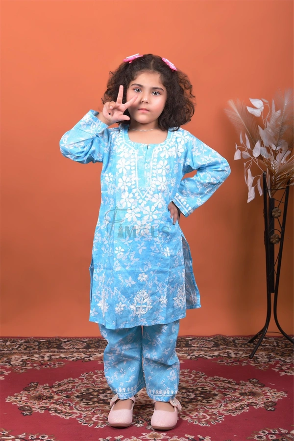 Blue Mulmul Print Chikankari Kids Dress