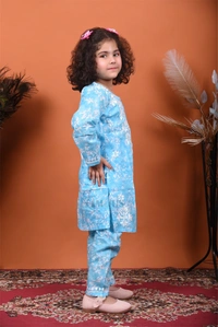 Blue Mulmul Print Chikankari Kids Dress - Blue, 18