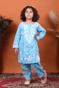 Blue Mulmul Print Chikankari Kids Dress - Blue, 28