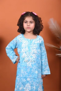 Blue Mulmul Print Chikankari Kids Dress - Blue, 28