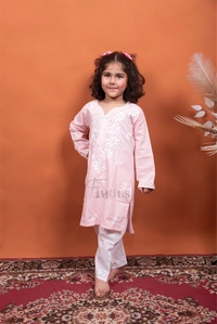 Pink Chikankari Kids Kurti Plazo Sets - Peach, 32