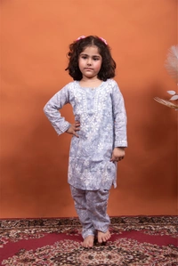 Grey Mulmul Print Chikankari Kids Dress - Grey, 30