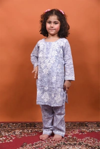 Grey Mulmul Print Chikankari Kids Dress - Grey, 32