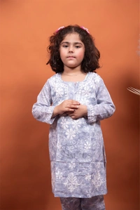 Grey Mulmul Print Chikankari Kids Dress - Grey, 32
