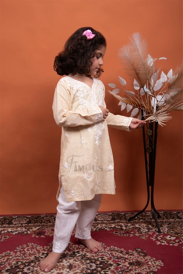 Beige Chikankari Kids Kurti Plazo Sets 