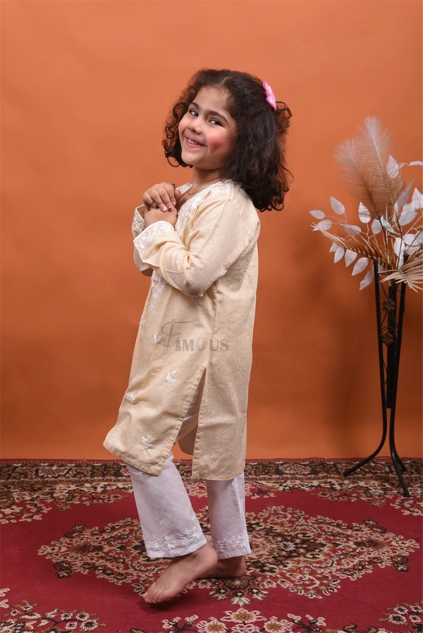 Beige Chikankari Kids Kurti Plazo Sets 