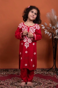 Red Reyon Chikankari Kids Dress - Red, 20