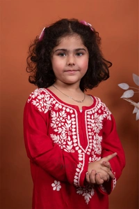 Red Reyon Chikankari Kids Dress - Red, 20