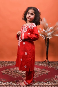 Red Reyon Chikankari Kids Dress - Red, 32