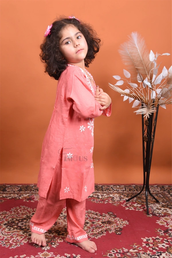 Carrot Pink Reyon Chikankari Kids Dress