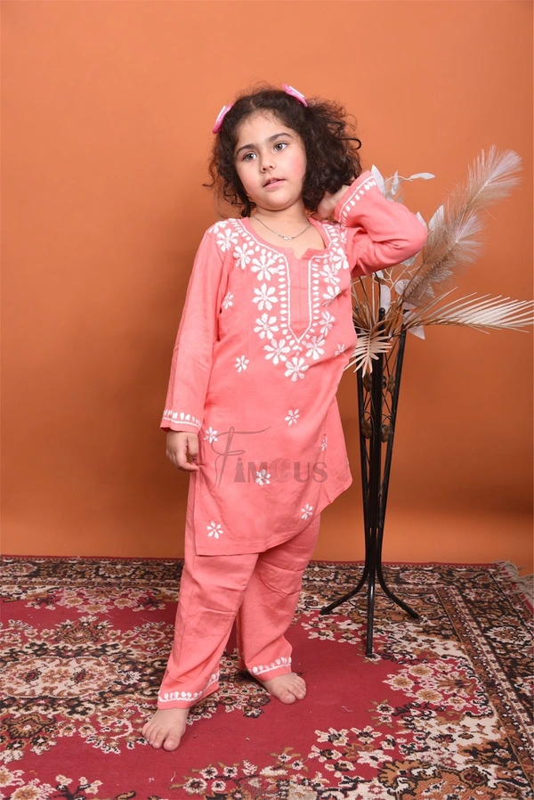 Carrot Pink Reyon Chikankari Kids Dress