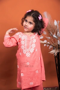 Carrot Pink Reyon Chikankari Kids Dress - Carrot Pink, 28